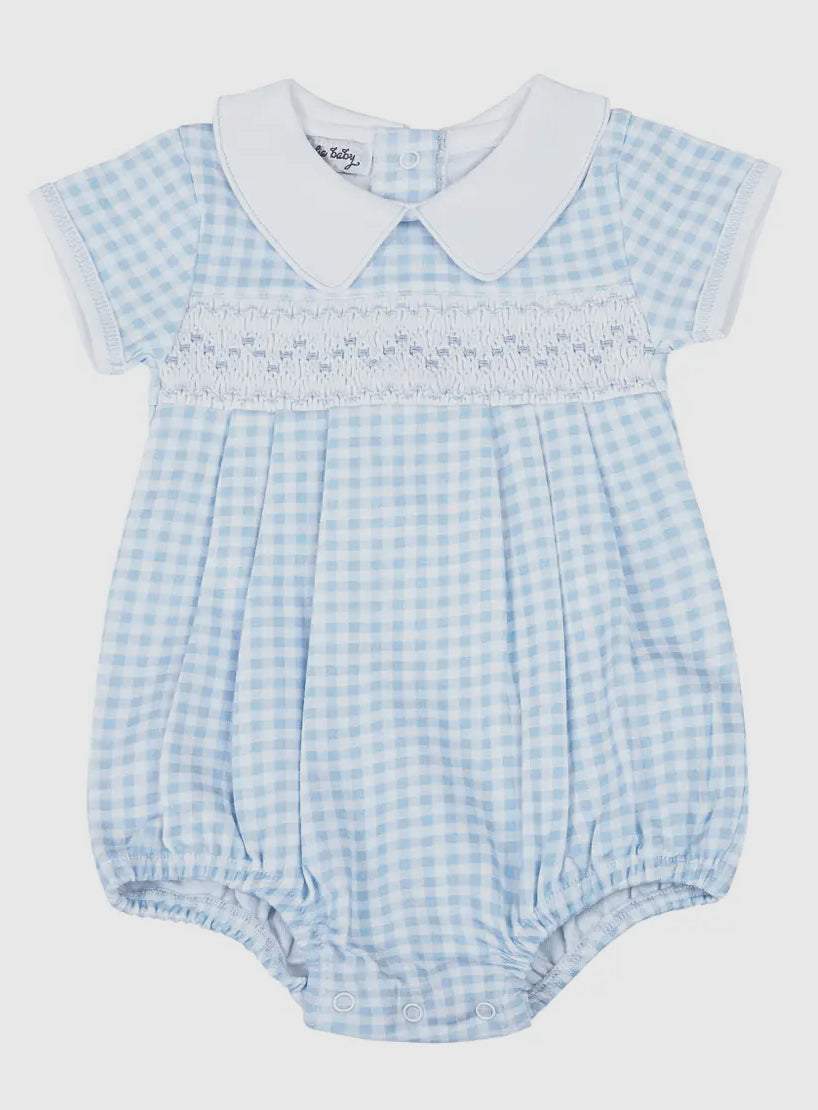 Smocked Blue Gingham Pima Bubble