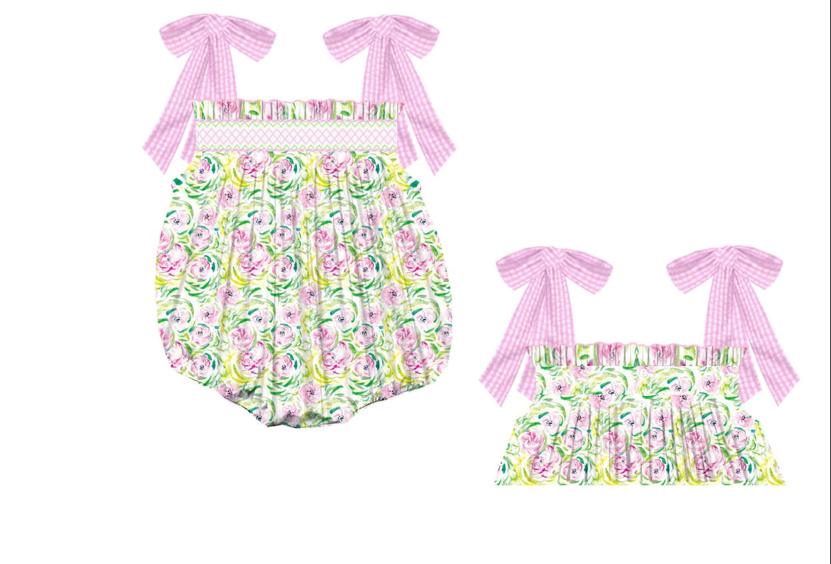 Pink & Green Floral Smocked Bubble