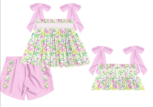Pink & Green Floral Smocked Short Set