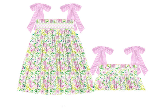 Pink & Green Floral Smocked Dress